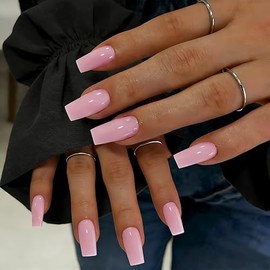 SXVME Uñas postizas cuadradas largas en rosa bebé con pegamento para mujer, uñas postizas naturales y sencillas, uñas postizas medianas, uñas de gel s