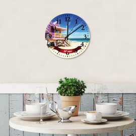 Miami City Landscape Wood Wall Clocks 12 Inch Silent Non-Ticking Large Numbers Battery Operated Famous City Landmarks Posters Wall Clock Retro Home Decoration for Garden Garage Girls Room