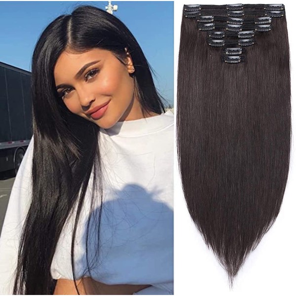 Clip-In Real Hair Extensions 8 Wefts Double Weft Hair Extensions 100% Remy Human Hair for Full Head Natural Black #1B-1 45 cm (140 g)
