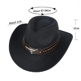 Western Cowboy Hat with Unique Bull Head Accessories Distressed Edged Outdoor Sun Protection Hat Wool Felt Multi Functional Unisex Cowboy Hat with Leather Strap and Vintage Design Occa