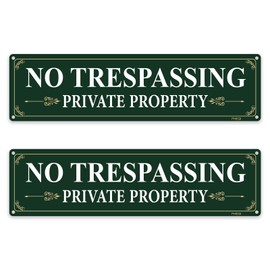 2 Pack No Trespassing Sign Private Property 12x3 Inch Rust Free Aluminum Easy To Read & Sturdy Keep Out Outdoor Metal Signs with Reflective Materials, Unwanted Visitors from Your Home Yard (Green)