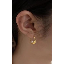 DIAMANTIO 18K Gold Plated Feather Pearl Hoop Earrings - Elegant Spiral Slide Design, Hypoallergenic Post Back Studs, Ideal for Women with Sensitive Ears