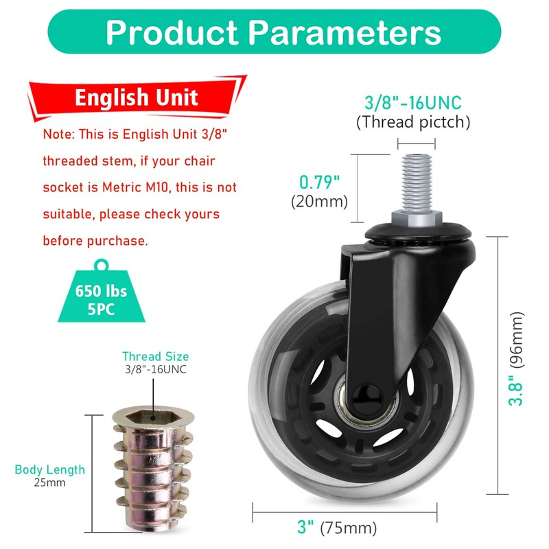 Hirate 3" Office Chair Casters Wheel with 3/8"-16UNC Threaded Stem