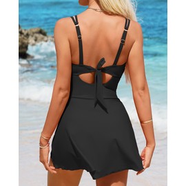 Charmo One Piece Swimdress Swimsuits for Women Scalloped Tummy Control Swim Dress Tie Knot Skirt Bathing Suit Black L