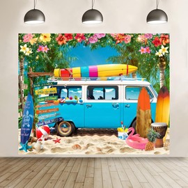 Summer Hawaiian Beach Backdrop 10x8ft Tropical Seaside Palm Trees Surfboard Background Hawaii Aloha Luau Party Decoration Banner Beach Backdrop for Surf Party Photoshoot Pictures Photo Props