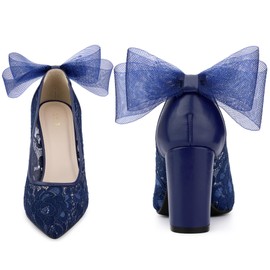 Perphy Pointed Toe Bow Lace Decor Lace Block Heel Dark Blue Pumps for Women - 9 M US