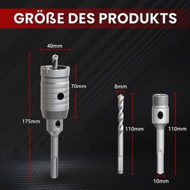 CSOOM 40 mm Concrete Hole Saw with 110 mm SDS-Plus Extension, Hole Saw Set for Concrete, Hollow Drill Bit Set, 4 Cutting Edges Centre Drill 8 x 110 mm, Carbide Tip, 2 x Centre Drill Bits