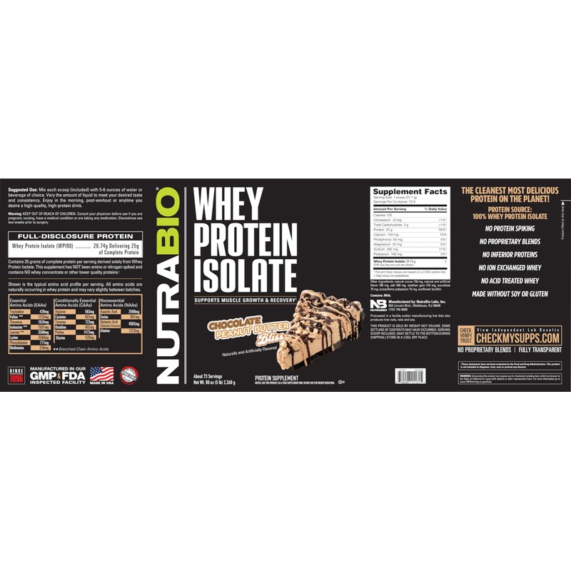 NutraBio 100% Whey Protein Isolate Protein Powder, 25g Protein with