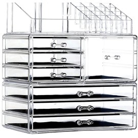 Cq acrylic 3 Pack Clear Make Up Organizers for Vanity,Stackable 7 Drawers Make Up Organizer,Cute Desk Organizer for Vanity Jewelry,Hair Clip,Beauty,Skincare Product Dresser Acrylic Drawer Organizer