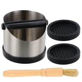 Knock Container, 580 ml Stainless Steel Coffee Knock Box, Silver Coffee Grounds Tee Container, Coffee Grounds Container Accessories for Portafilter, Comes with Cleaning Brush and Non-Slip Mat