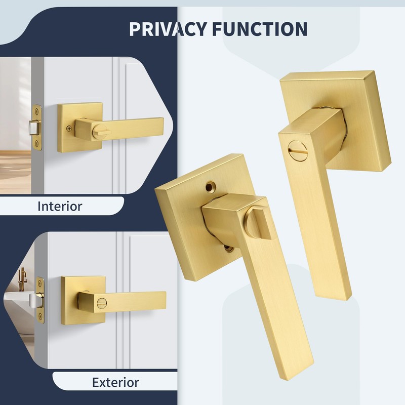 LOQRON Square Privacy Gold Door Handles (No Key) for Bathroom