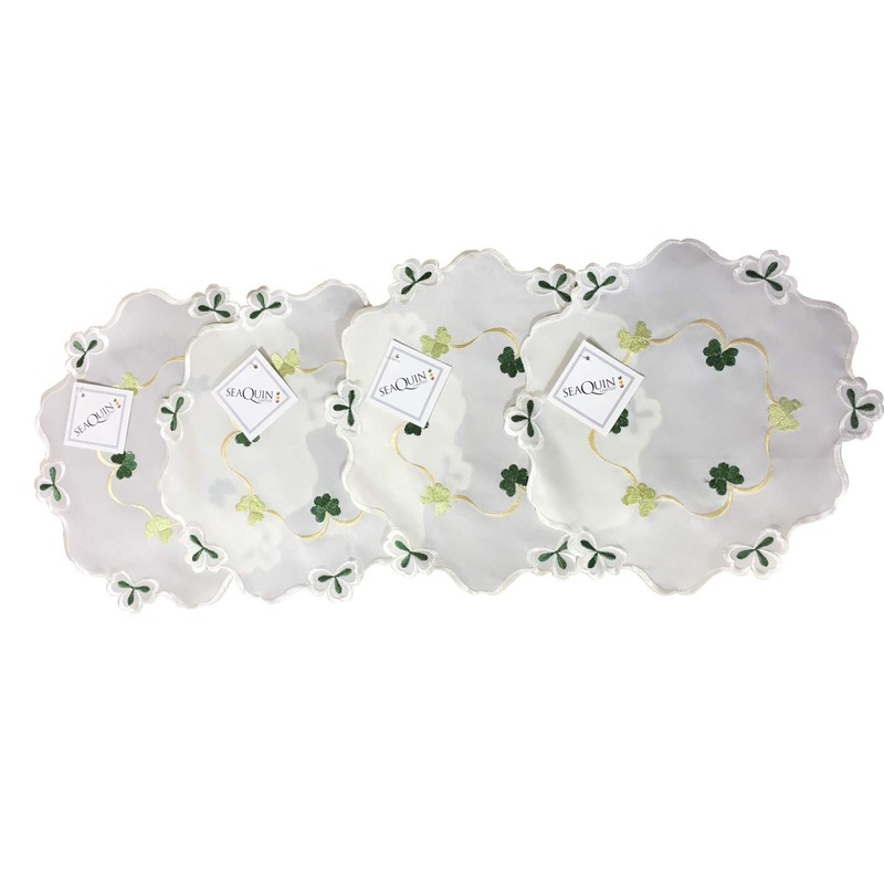 Embroidered Shamrock Doilies Pack of 4 Scallop Edge Leaf Design