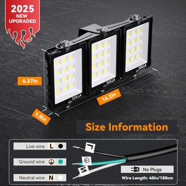 150W 2024 Plus New Upgraded LED Outdoor Flood Light, 15000LM 6000K Daylight White IP66 Waterproof, Stadium Lights, 3 Heads Adjustable Outdoor Floodlight Security Lights for Yards, Patios, Street