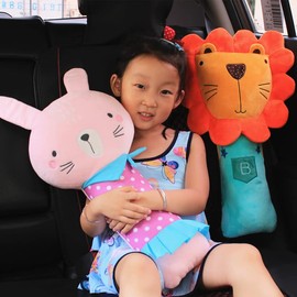 Qchomee Kids Car Travel Pillow Car Seat Belt Cushion Head Neck Support Pillow Safety Strap Covers Children Headrest for Car Travelling Sleeping Pillow, Pink, Grey, Yellow