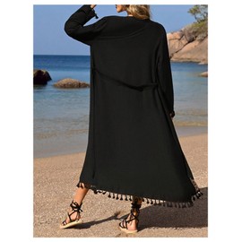 SweatyRocks Women's Tribal Print Fringe Kimono Cover Ups Long Sleeve Tie Front Beach Coverups, Black, Small