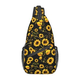 COFEIYISI Sunflower Sling Bag Crossbody Backpack for Men Women Seamless Sunflower Leaves Yellow Flowers on Black Background Chest Bag Adjustable Casual Shoulder Backpack Travel Hiking Daypack
