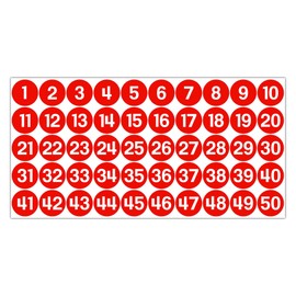 GamesMonkey® - Labels Numbers Stickers Circles - Red - from 1 to 50 - (50-500 - 2500 Pieces)(10-25 mm) Waterproof Vinyl - Consecutive Inventories (25 mm - 2,5 cm, 50 Pieces - 1 Sheet)