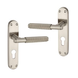 Infinity Decor Satin Nickel Knurled Euro Lever Lock Door Handle on Backplate Set 185mm x 45mm Passage Door Pulls – Suitable for All Internal & External Door