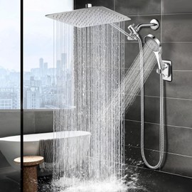 12 Inch Shower Head, Rain Shower Head with Adustable Extension Arm, Detachable Matte Black Rina Shower Head with Handheld Spray, High Pressure Shower Hose with Holder in Bathroom