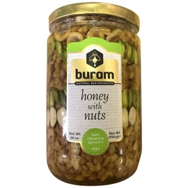 Buram Honey with Nuts, Premium Quality Honey Dipped Mix Nuts with Gourmet Savory Flavor, Great for Snacking, Spread and Baking, Resealable Jar, 26 Ounce