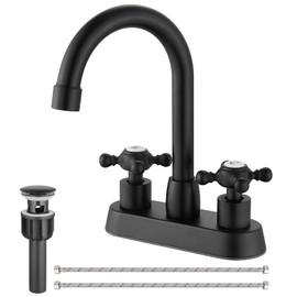 Cinwiny Matte Black 4 Inch centerset Bathroom Faucet Double Cross Handle Vanity Faucet 360° Swivel Spout Deck Mounted Mixer Tap with Pop up Drain Water Supply Hoses