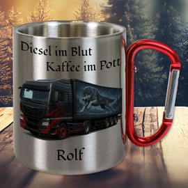 Personalisierte LKW Tasse aus Edelstahl | Geschenk für Fahrer | Edelstahltasse mit Name, Kaffeetasse, Metalltasse mit Wunschname | Werkstatt‑Kaffeebecher V16