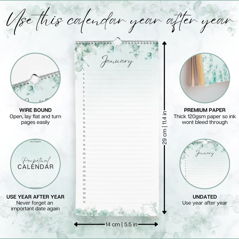 Perpetual Monthly Wall Calendar for Birthdays, Anniversaries & Special Dates