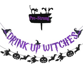Pre-Strung Drink Up Witches Banner, Glitter Happy Halloween Banner Decorations with Pumpkin Bat Witch Sign for Halloween Party Home Office School Indoor Wall Mantel Hanging Backdrop Garland Decor