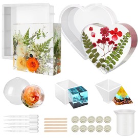 5 PCS Resin Molds Silicone Kit Large Epoxy Resin Mold for Flowers Preservation Home Deco DIY Art, Silicone Molds Including Square, Heart, Sphere, Pyramid, Cube and Tools