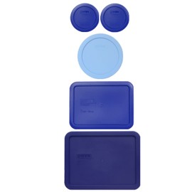 Pyrex (2) 7200-PC Cadet Blue Lids, & (1) 7201-PC Blue Cornflower Lids, & (1) 7210-PC Cadet Blue Lid, & (1) 7211-PC Navy Blue Lid Made in the USA