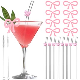 Honeydak 18 Pcs Pink Bow Drink Markers and Reusable Glass Straws with Brushes Cute Bow Clear Shatter Resistant Glass Drinking Straws Coquette Party Decor for Cocktail Juice Bachelorette Party Supplies