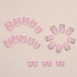Short Press on Nails Square Fake Nails with Floral Designs White French Tip Nails Press ons Glossy Glue on Nails Cute Acrylic Nails Light Pink Full Cover Summer Stick on Nails for Women 24Pcs