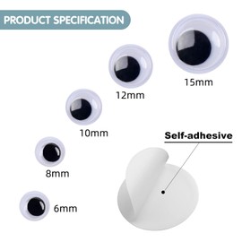 1200PCS Multipack 6mm/8mm/10mm/12mm/15mm 5 Sizes Googly Eyes, Black & White Googly Eyes Self Adhesive, Sticky Googly Eyes Easy Peel, Round Wiggle Eyes, Googly Eye Stickers for DIY Crafts Decor