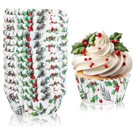Whaline 300Pcs Christmas Cupcake Liners Holly Print Baking Cups Holders Watercolor Holly Jolly Cupcake Wrappers Red Green Berry Muffin Liners for Xmas Holiday Birthday Party Supplies