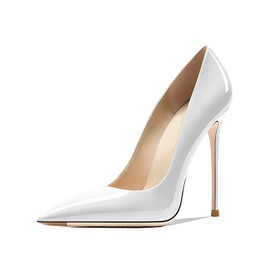 Qunvngutui Women's Pointed Toe Shallow Stiletto Heels 4.7 Inch Pumps Wedding Party Banquet Shoes White Patent Leather US5