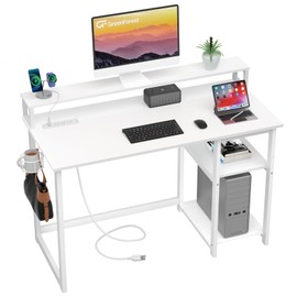 GreenForest 47 inch Computer Desk with Power Outlets, Small Home Office Desk with Ergonomic Monitor Stand, Reversible Gaming Desk, Modern Study Desk, Laptop Desk, Pure White