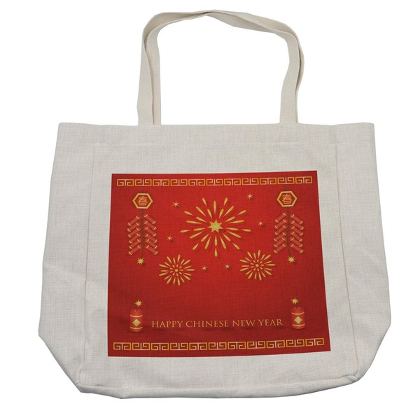 Ambesonne Chinese New Year Shopping Bag, Celebration with Fireworks and