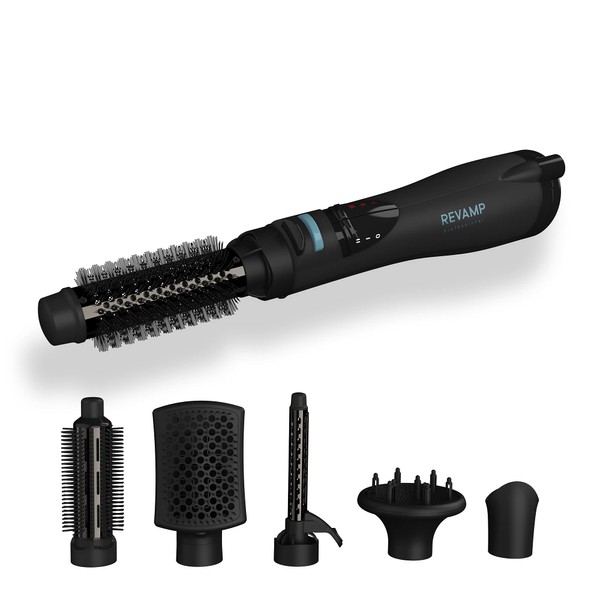 Revamp Progloss Airstyle - 6-In-1 Blow Dry Hair Brush & Hair Styler, 6 Styling Attachments, 4 Heat & 2 Speed Settings - Hair Curler, Straighteners & Volumising Air Styler