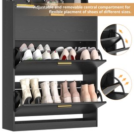 VECELO Shoe Cabinet with 2 Flip Drawers for Entryway, Freestanding Narrow Hidden Storage Organizer with Hooks and Raised Edge, for Hallway Living Room, Black