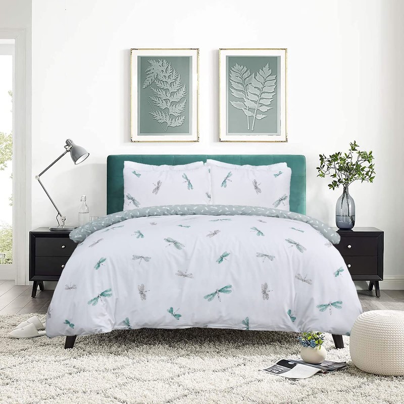 Sleepdown Dragonfly White Green Reversible Duvet Cover Quilt Pipe Edge