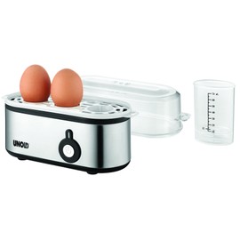 UNOLD 38610 Eierkocher Mini, Edelstahgehäuse, Eiereinsatz mit Griff für 1 bis 3 Eier, Signalton, Betriebskontrollleuchte und 210 W, inkl. Messbecher
