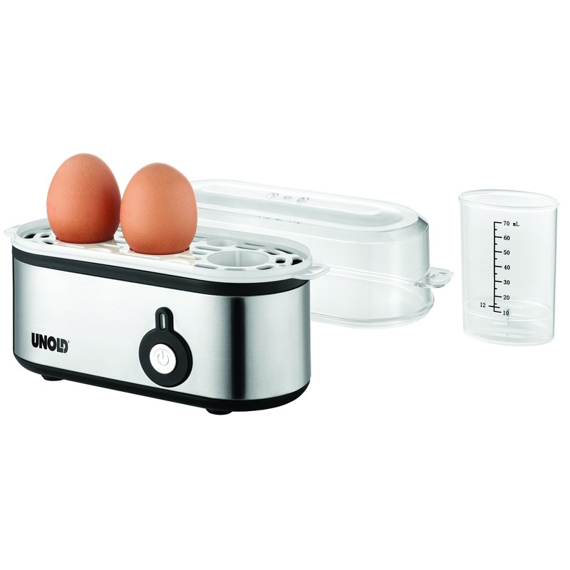 UNOLD 38610 Eierkocher Mini, Edelstahgehäuse, Eiereinsatz mit Griff für 1