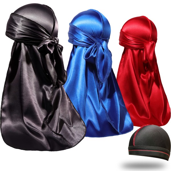 ForceWave 4 Pieces Silky Durags and Wave Cap Pack for Men Waves, Moisture-Tech Fabric Satin Du-Rag