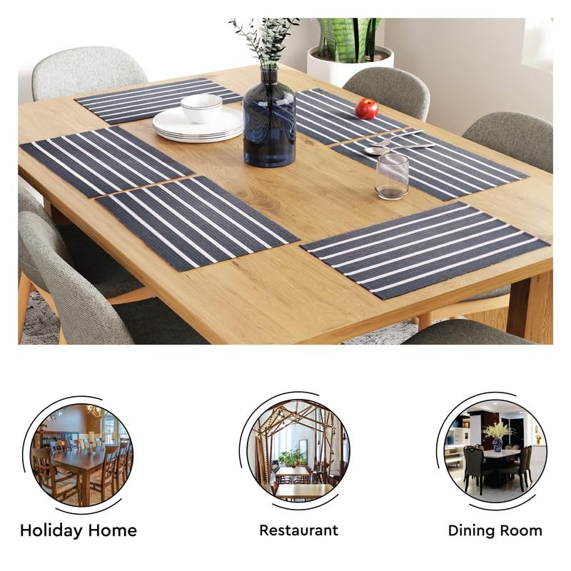 Encasa Ribbed Cotton Placemats (Set of 6), Roma Grey Stripes,