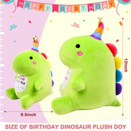 Birthday Dinosaur Plush Stuffed Animal - 12" Green Plush Toy with Light & Happy Birthday Music, Weighted Dino Plushie, Cute Kawaii Soft Pillow Gifts Stuffies for Boys Girls Babies Kids Decorations