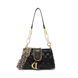 Elegant Quilted Shoulder Handbag for Women - Versatile Soft Clutch Purse & Crossbody Bag with Pearl Chain Accent, Detachable Straps (Black)