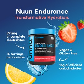 Nuun Hydration Endurance Powder, Strawberry Lemonade + Caffeine, Workout Support, 5 Essential Electrolytes for Hydration + Carbohydrates, Vegan, Non-GMO, (16 Servings - Canister)