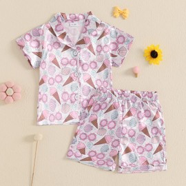 Geagodelia Toddler Baby Girl Satin Pajamas Outfits Short Sleeve Lapel Neck Bow/Floral/Fruit Print Shirts Tops with Elastic Shorts Sets Sleepwear Loungewear for Little Girls (Pink Ice, 4-5 Years)