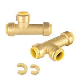 （Pack of 2）Foskan Push Fit Fittings, 3/4"x3/4"x3/4"PTC Brass Slip Tee With Disconnect Clip, Push to Connect PEX, Copper, CPVC Pipes for Pipe Repairs & Projects