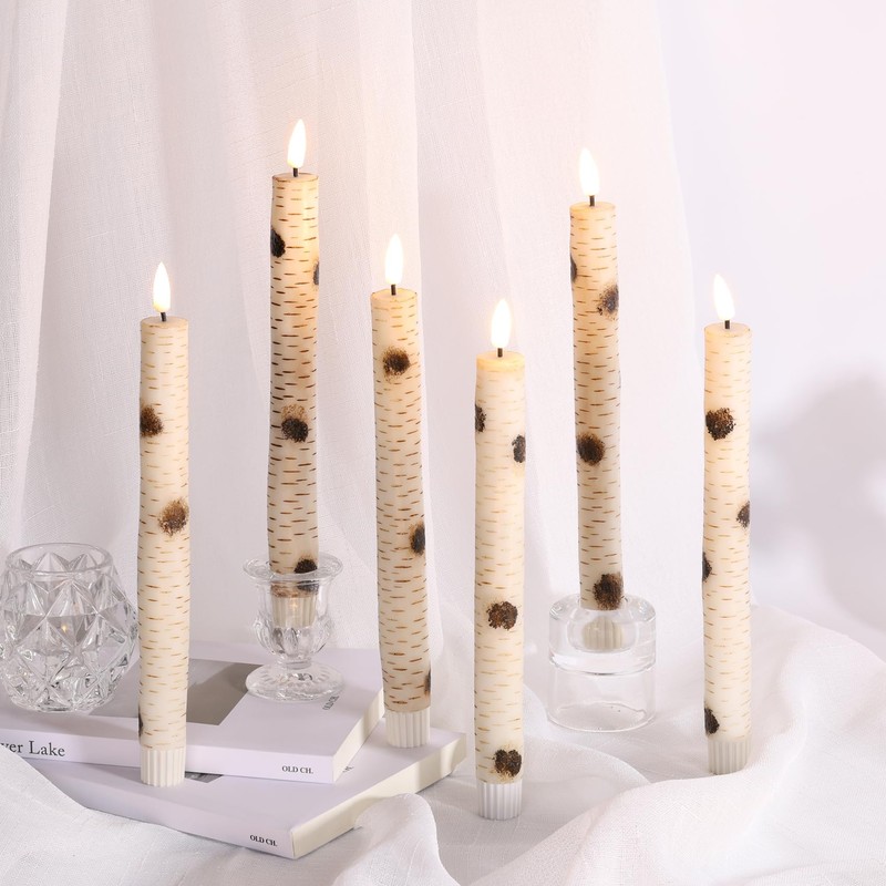 Eywamage Birch Bark LED Taper Candles with Remote, Battery Operated